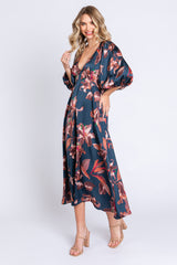 Navy Floral Satin Puff Sleeve Midi Dress