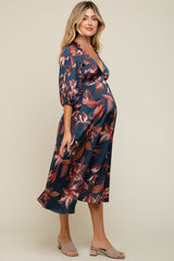 Navy Floral Satin Puff Sleeve Maternity Midi Dress