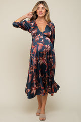 Navy Floral Satin Puff Sleeve Maternity Midi Dress