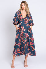 Navy Floral Satin Puff Sleeve Maternity Midi Dress