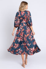 Navy Floral Satin Puff Sleeve Midi Dress