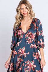 Navy Floral Satin Puff Sleeve Midi Dress