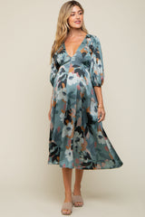 Light Teal Floral Satin Puff Sleeve Maternity Midi Dress