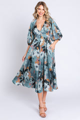 Light Teal Floral Satin Puff Sleeve Midi Dress