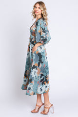 Light Teal Floral Satin Puff Sleeve Midi Dress