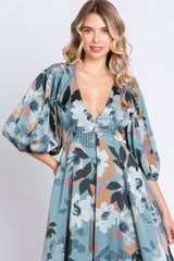 Light Teal Floral Satin Puff Sleeve Midi Dress