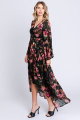 Green Floral Chiffon Wrap Front Hi-Low Dress