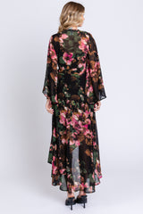 Green Floral Chiffon Wrap Front Hi-Low Dress