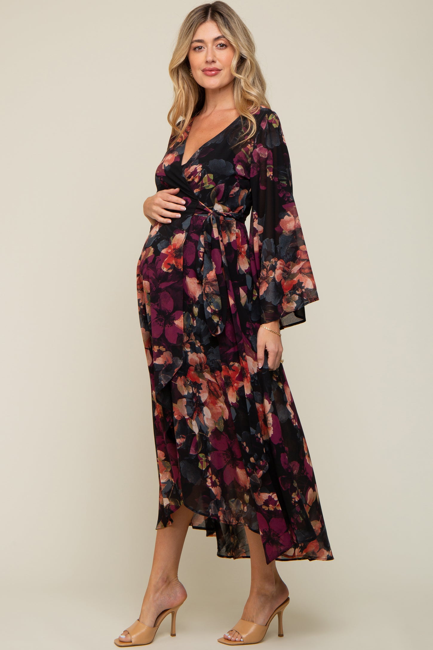 PinkBlush Burgundy Lace Overlay Maternity Wrap Dress