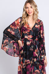 Burgundy Floral Chiffon Wrap Front Hi-Low Dress