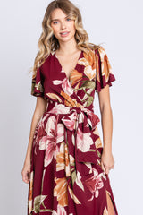 Burgundy Floral Wrap V-Neck Maxi Dress