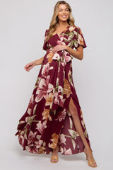 Burgundy Floral Wrap V-Neck Maternity Maxi Dress