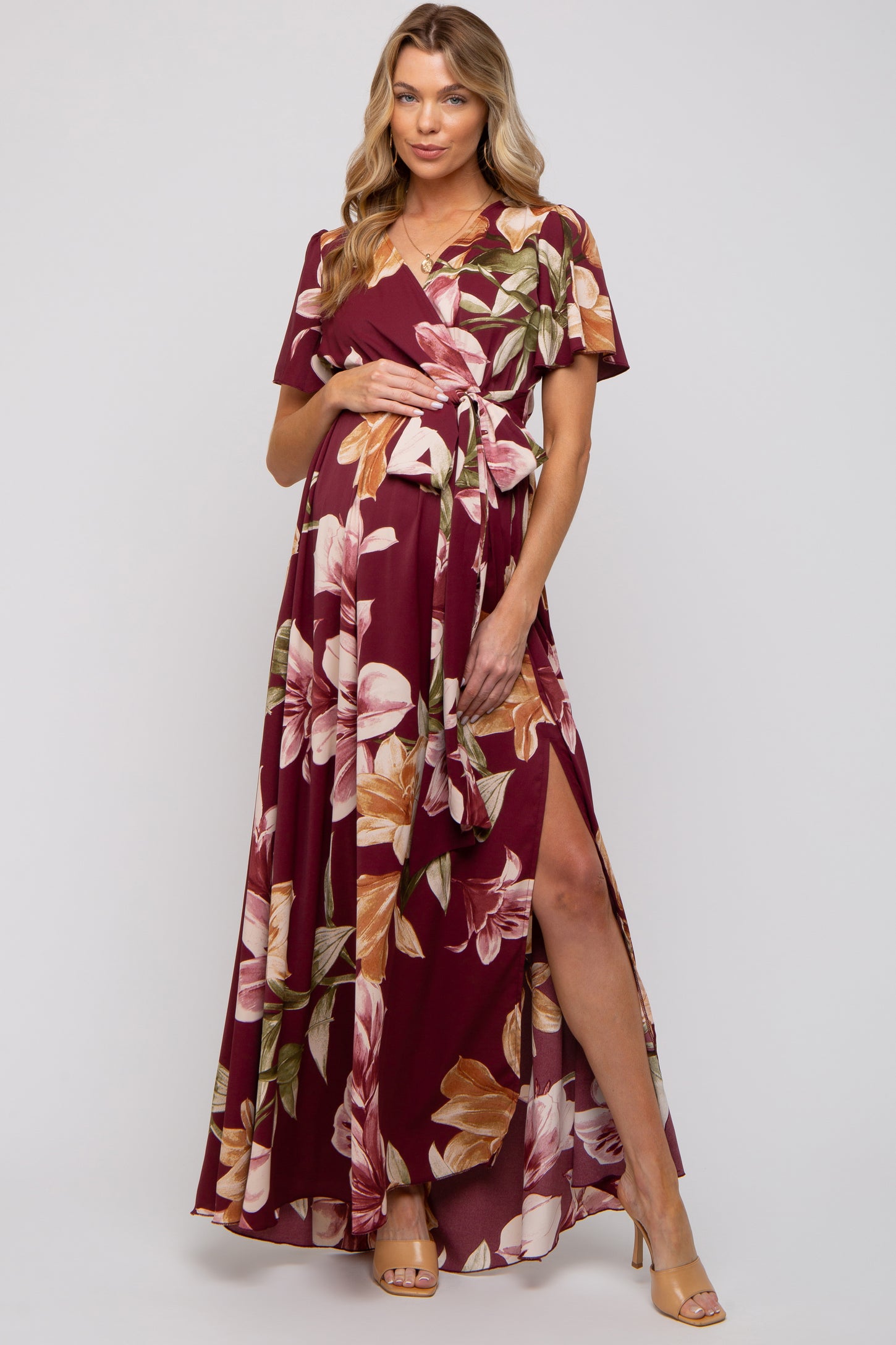 Burgundy floral hot sale dress maxi