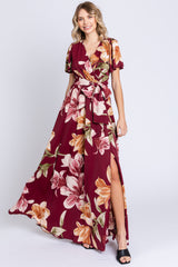 Burgundy Floral Wrap V-Neck Maternity Maxi Dress