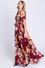 Burgundy Floral Wrap V-Neck Maxi Dress