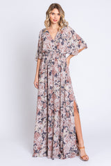 Mauve Floral Wrap Front V-Neck Smocked Waist Maternity Maxi Dress