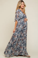 Blue Floral Wrap Front V-Neck Smocked Waist Maternity Maxi Dress