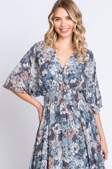 Blue Floral Wrap Front V-Neck Smocked Waist Maxi Dress