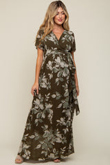 Olive Floral V-Neck Side Slit Maternity Dress