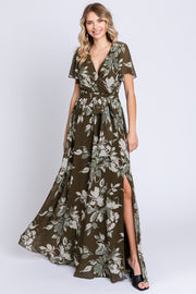 Olive Floral V-Neck Side Slit Dress