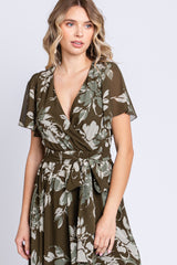 Olive Floral V-Neck Side Slit Dress