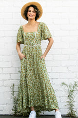 Green Floral Button Front Square Neck Ruffle Hi-Low Maternity Midi Dress