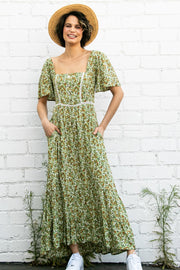 Green Floral Button Front Square Neck Ruffle Hi-Low Midi Dress