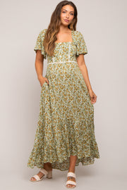 Green Floral Button Front Square Neck Ruffle Hi-Low Maternity Midi Dress