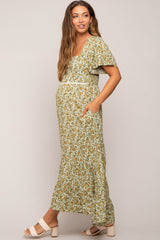 Green Floral Button Front Square Neck Ruffle Hi-Low Maternity Midi Dress