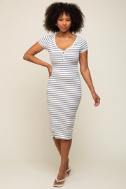 White Striped Ribbed Fitted Midi Dress