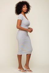 White Striped Ribbed Fitted Midi Dress