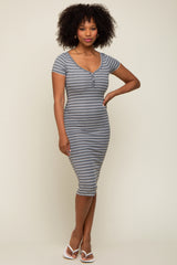 Heather Grey Striped Ribbed Fitted Maternity Midi Dress