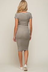 Light Olive Striped Ribbed Fitted Maternity Midi Dress