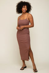 Brown Striped Sleeveless Fitted Maternity Maxi Dress