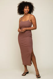 Brown Striped Sleeveless Fitted Maxi Dress