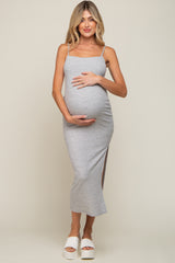 Grey Striped Sleeveless Fitted Maternity Maxi Dress