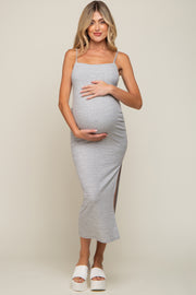 Grey Striped Sleeveless Fitted Maternity Maxi Dress