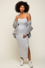 Grey Striped Sleeveless Fitted Maternity Maxi Dress