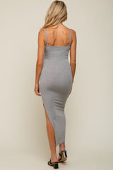 Heather Grey Ribbed Side Slit Maternity Midi Dress