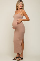 Mocha Ribbed Side Slit Maternity Midi Dress
