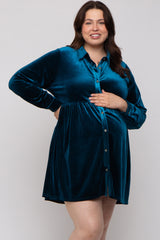 Deep Teal Velvet Button Down Maternity Plus Mini Dress