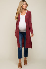 Burgundy Rib Knit Front Button Maternity Cardigan