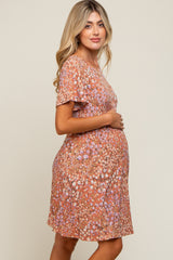 Peach Floral Short Sleeve Maternity Dress