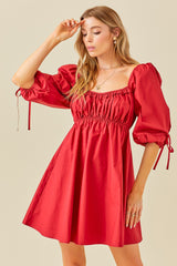 Red Ruched Puff Sleeve Maternity Dress