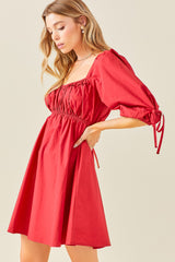 Red Ruched Puff Sleeve Dress