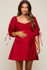 Red Ruched Puff Sleeve Maternity Dress