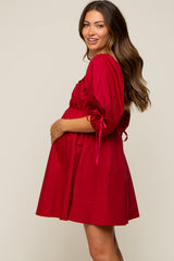 Red Ruched Puff Sleeve Maternity Dress