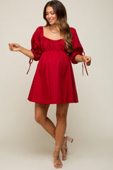 Red Ruched Puff Sleeve Maternity Dress