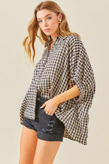 Black Gingham Button Up Collared Boxy Top