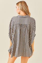 Black Gingham Button Up Collared Boxy Top